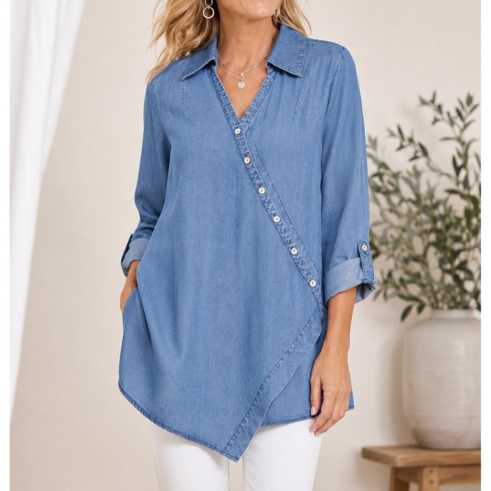 Soft Surroundings Washed Tencel Tunic L Denim Blue NWT Asymmetrical Boho